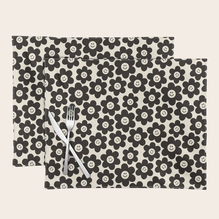 Retro Black & White Smiley Flower Pattern Placemat Gallery Image 1