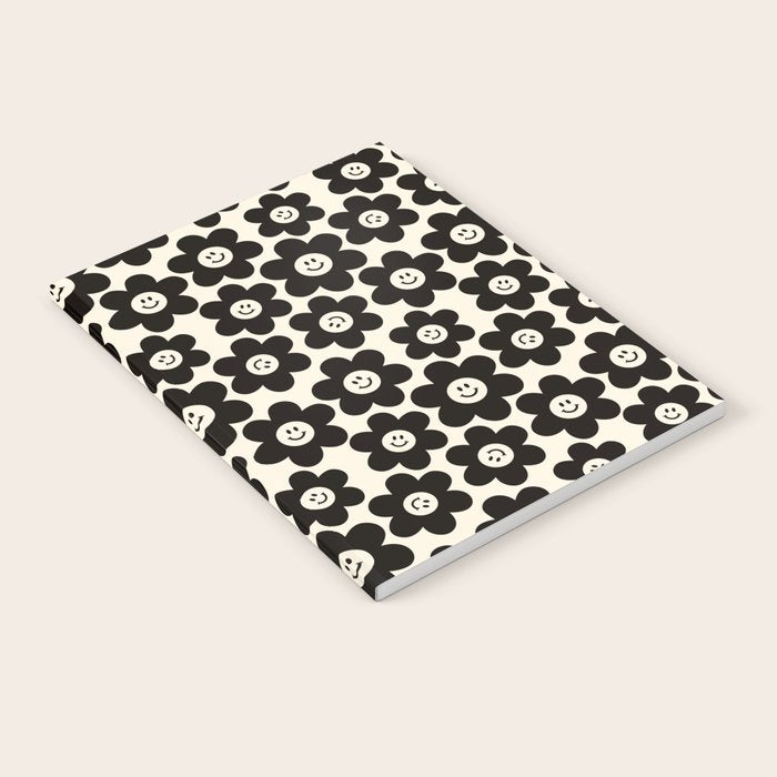 Retro Black & White Smiley Flower Pattern Notebook Gallery Image 2