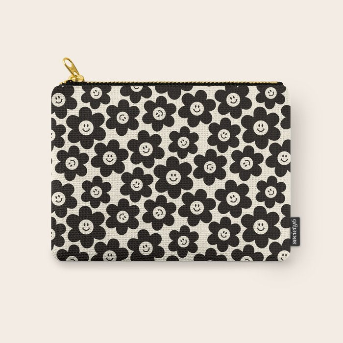Retro Black & White Smiley Flower Pattern Carry All Pouch Gallery Image 1