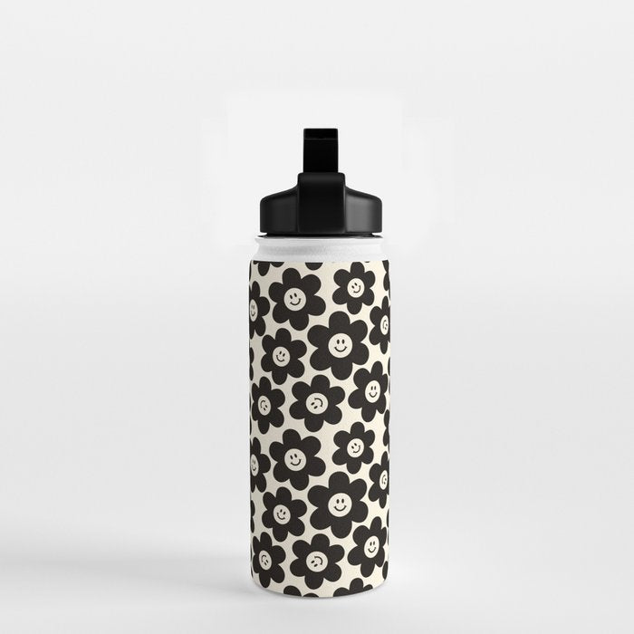 Retro Black & White Smiley Flower Pattern Water Bottle Gallery Image 2