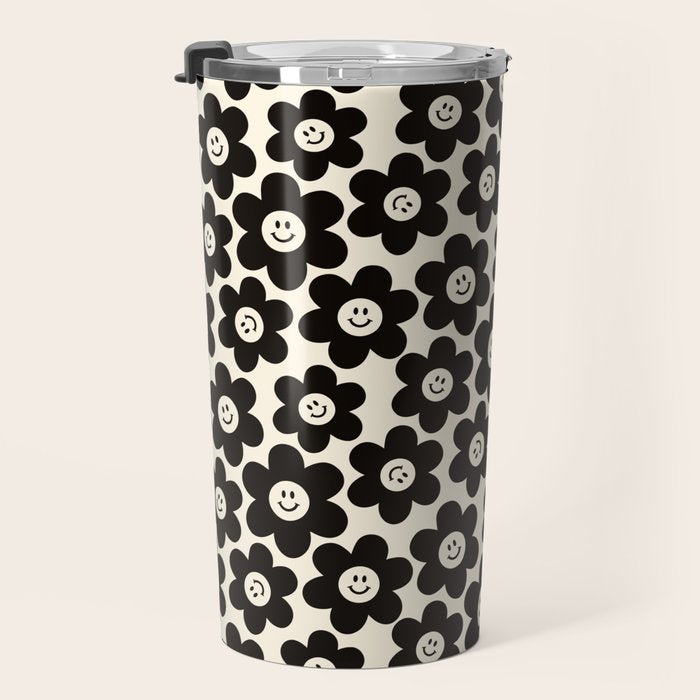 Retro Black & White Smiley Flower Pattern Travel Mug Gallery Image 3