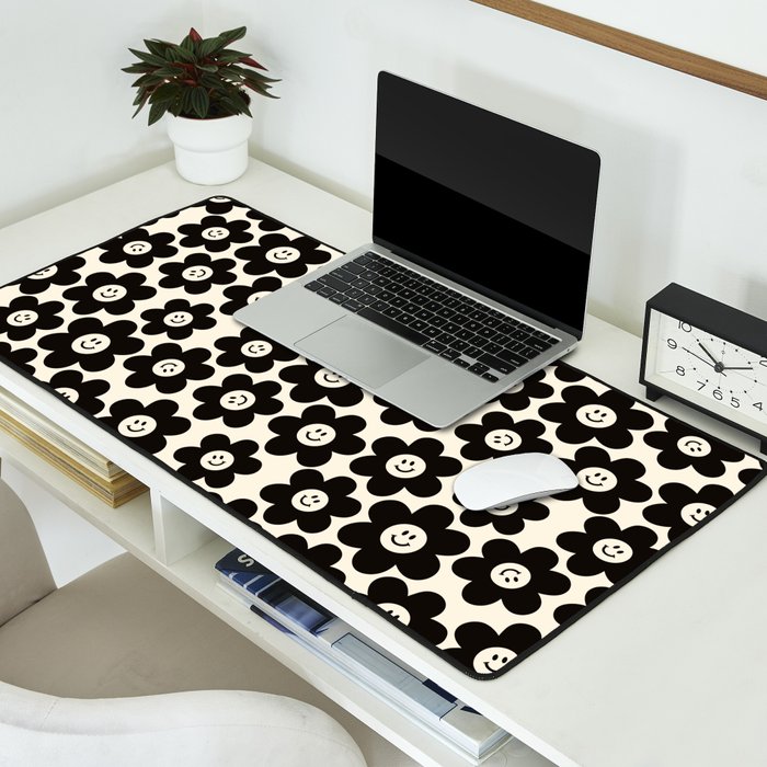 Retro Black & White Smiley Flower Pattern Desk Mat Gallery Image 2