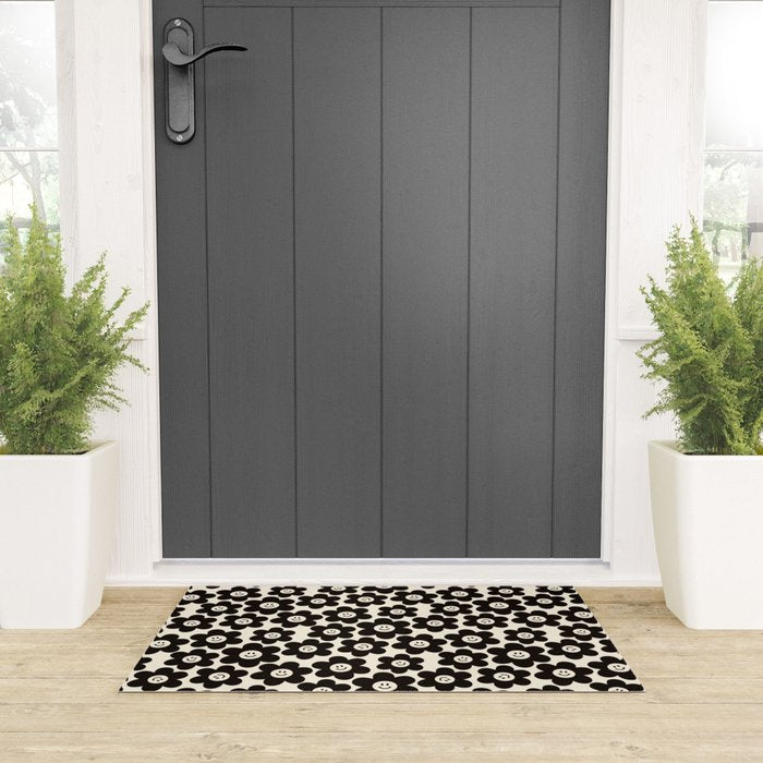 Retro Black & White Smiley Flower Pattern Welcome Mat Gallery Image 3
