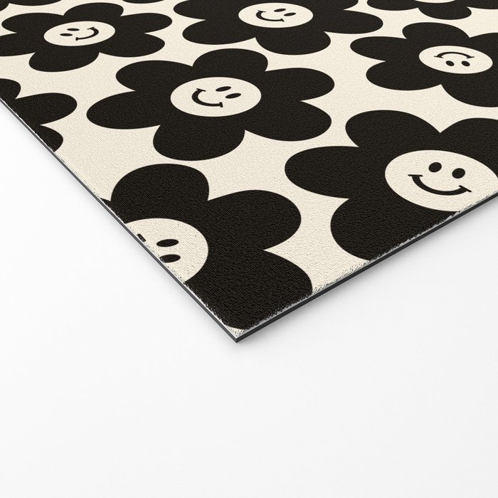 Retro Black & White Smiley Flower Pattern Welcome Mat Gallery Image 2