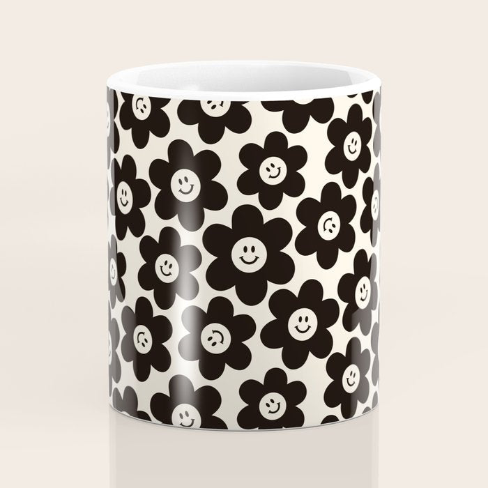 Retro Black & White Smiley Flower Pattern Coffee Mug Gallery Image 4
