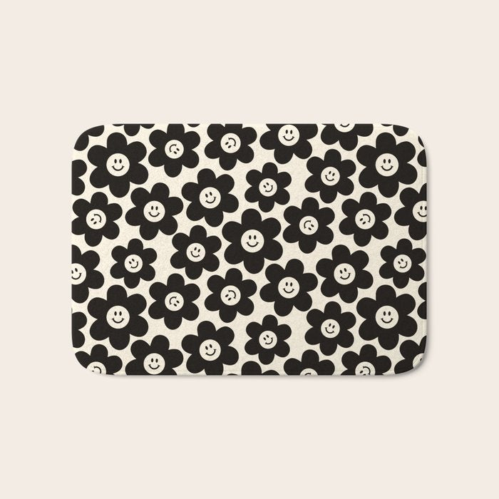 Retro Black & White Smiley Flower Pattern Bath Mat Gallery Image 1