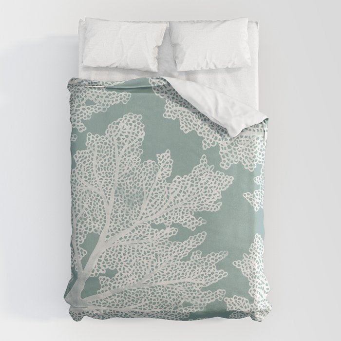 Sea Fan Coral - White on Mint Duvet Cover Gallery Image 1