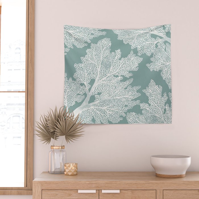 Sea Fan Coral - White on Mint Wall Tapestry Gallery Image 2