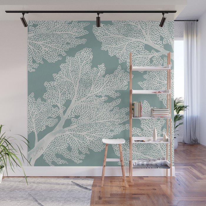 Sea Fan Coral - White on Mint Wall Mural Gallery Image 1