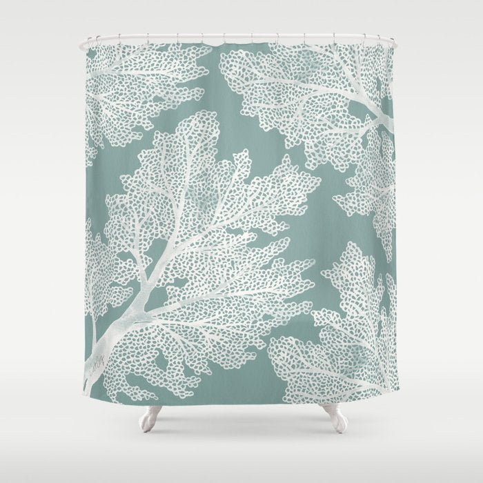Sea Fan Coral - White on Mint Shower Curtain Gallery Image 1