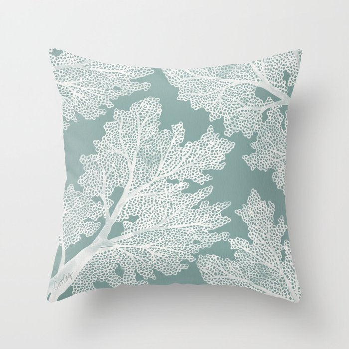 Sea Fan Coral - White on Mint Throw Pillow Gallery Image 1
