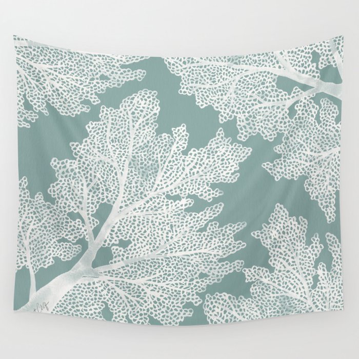 Sea Fan Coral - White on Mint Wall Tapestry Gallery Image 4