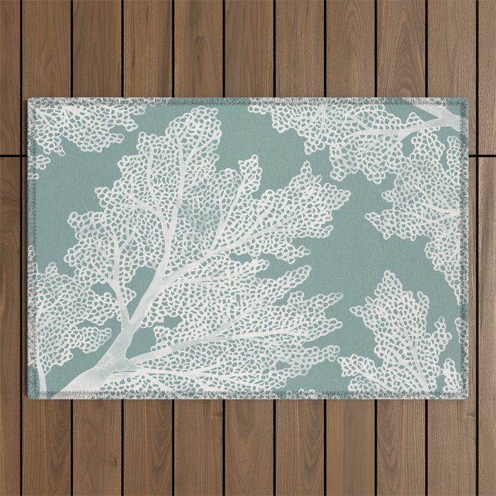 Sea Fan Coral - White on Mint Outdoor Rug Gallery Image 1