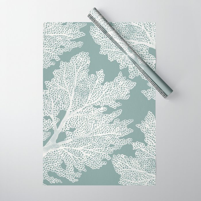 Sea Fan Coral - White on Mint Wrapping Paper Gallery Image 1
