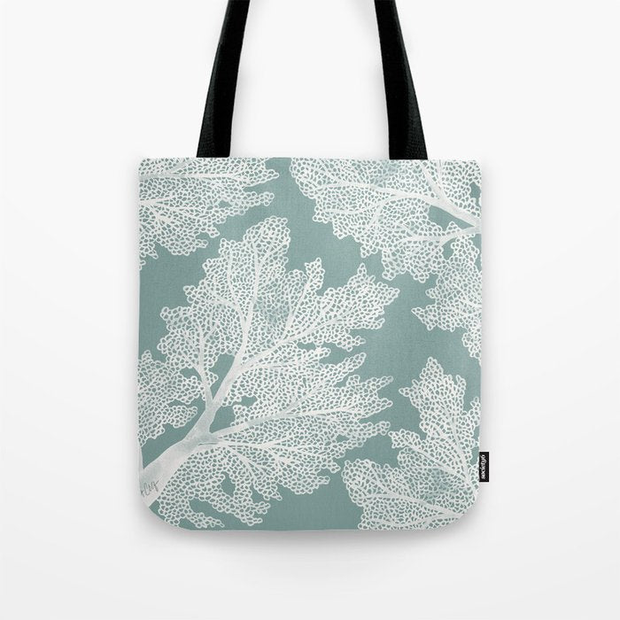 Sea Fan Coral - White on Mint Tote Bag Gallery Image 1