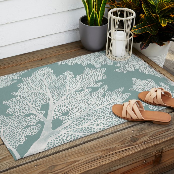 Sea Fan Coral - White on Mint Outdoor Rug Gallery Image 2