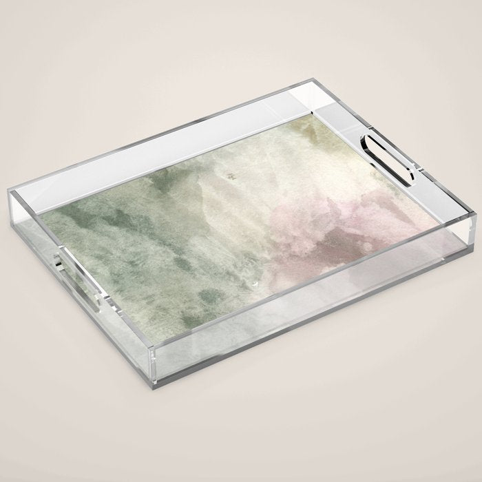 Abstract blush pink green white watercolor brushstrokes Acrylic Tray Gallery Image 1