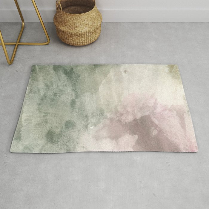 Abstract blush pink green white watercolor brushstrokes Rug Gallery Image 1