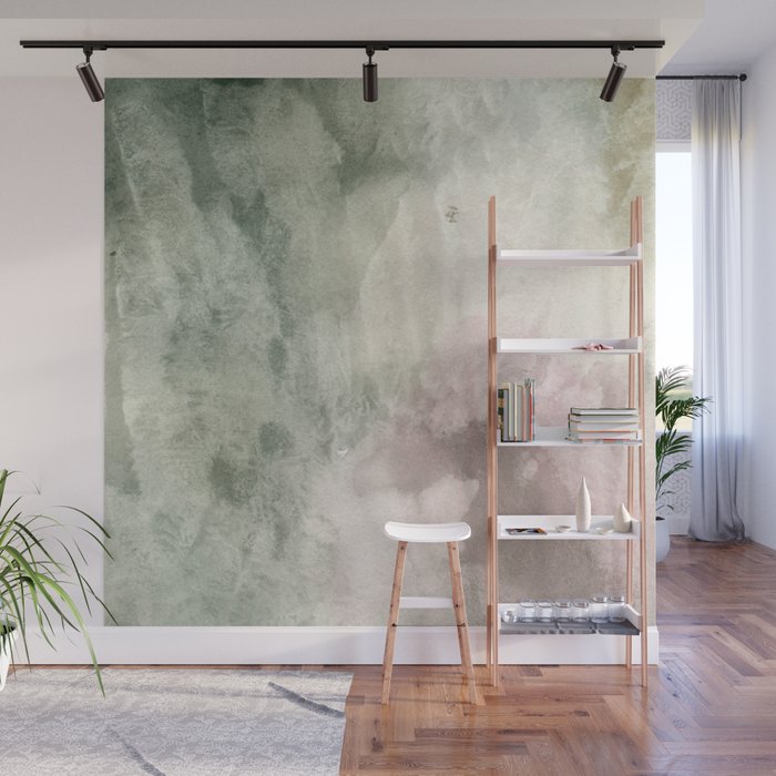 Abstract blush pink green white watercolor brushstrokes Wall Mural Gallery Image 1