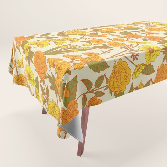 Yellow Vintage-Inspired 70s Floral Cottage Garden Tablecloth Gallery Image 1