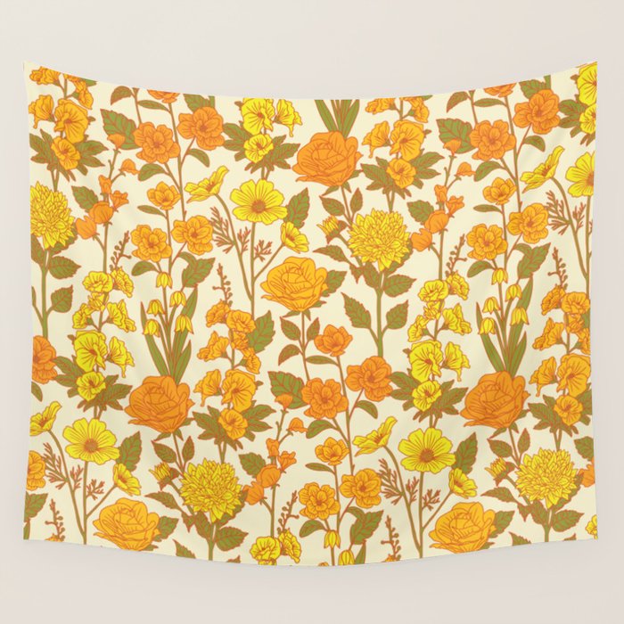 Yellow Vintage-Inspired 70s Floral Cottage Garden Wall Tapestry Gallery Image 1