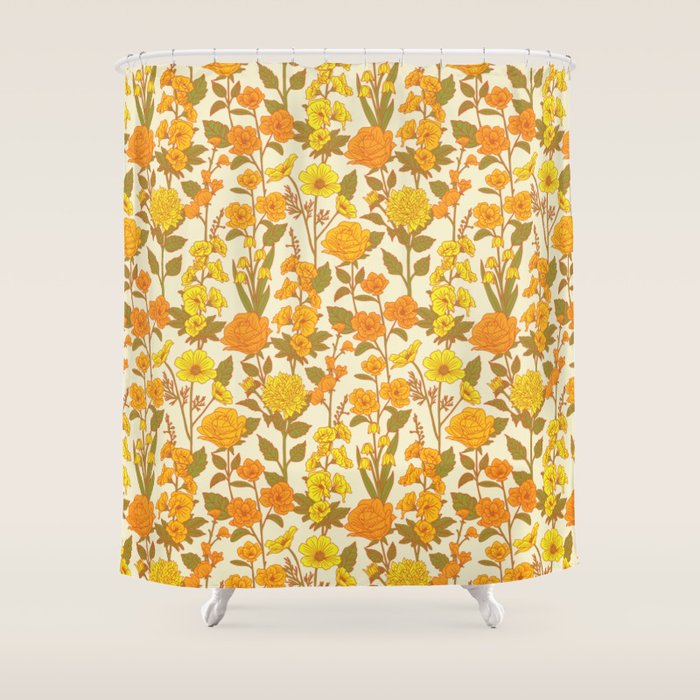 Yellow Vintage-Inspired 70s Floral Cottage Garden Shower Curtain Gallery Image 1