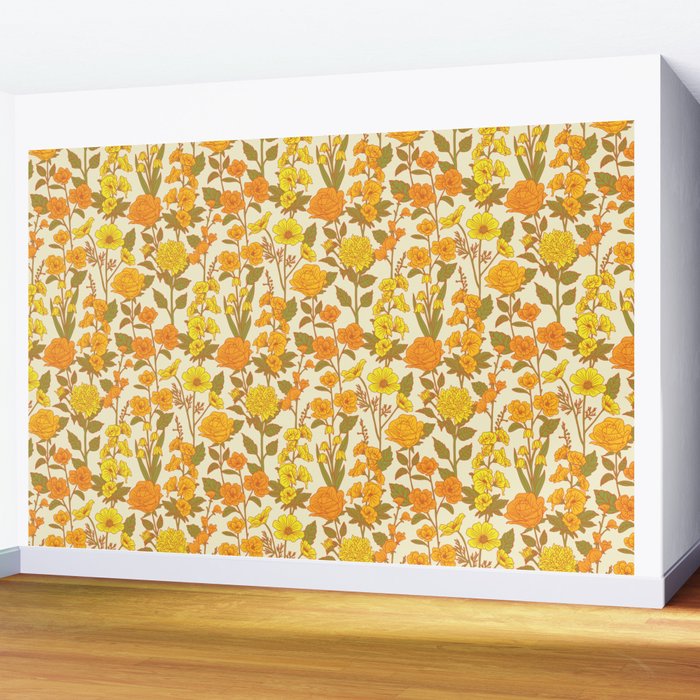 Yellow Vintage-Inspired 70s Floral Cottage Garden Wall Mural Gallery Image 2