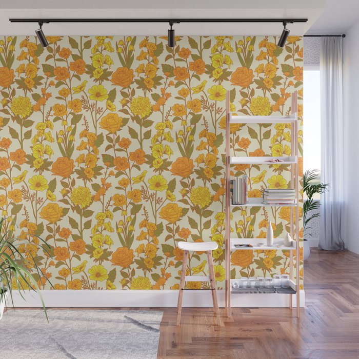 Yellow Vintage-Inspired 70s Floral Cottage Garden Wall Mural Gallery Image 1