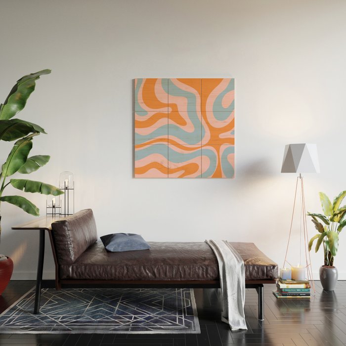 Modern Retro Liquid Swirl Abstract Pattern in Pastel Pink, Light Blue, and Orange Wood Wall Art Gallery Image 2