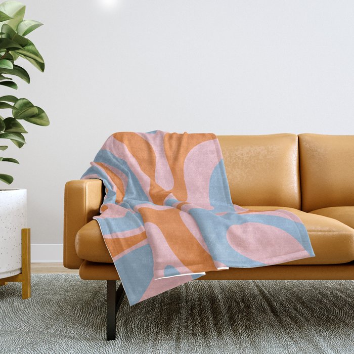 Modern Retro Liquid Swirl Abstract Pattern in Pastel Pink, Light Blue, and Orange Throw Blanket Gallery Image 1