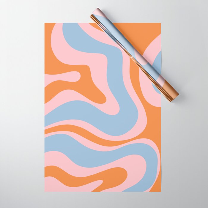 Modern Retro Liquid Swirl Abstract Pattern in Pastel Pink, Light Blue, and Orange Wrapping Paper Gallery Image 1