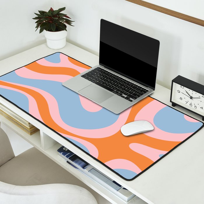 Modern Retro Liquid Swirl Abstract Pattern in Pastel Pink, Light Blue, and Orange Desk Mat Gallery Image 2
