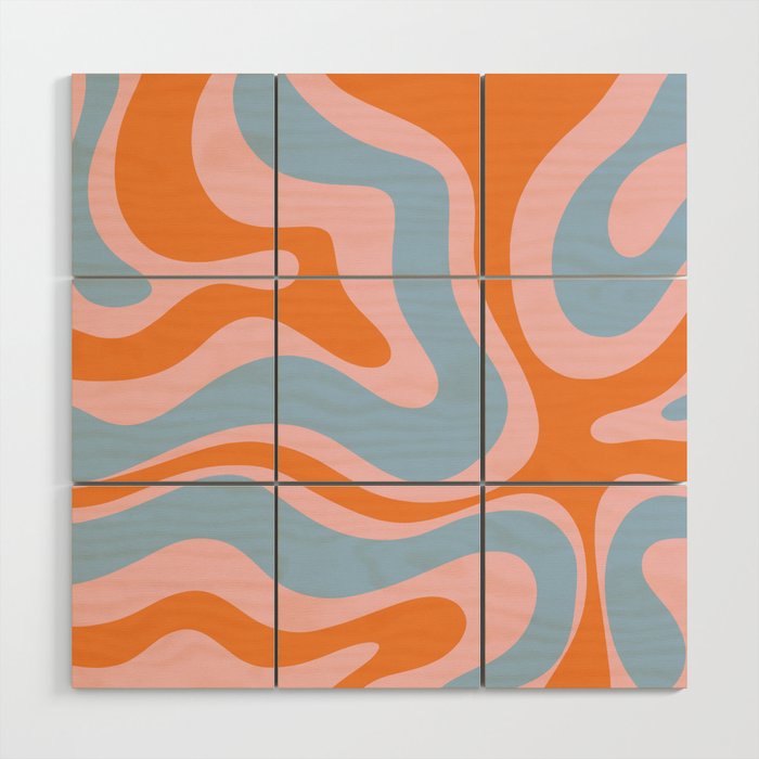 Modern Retro Liquid Swirl Abstract Pattern in Pastel Pink, Light Blue, and Orange Wood Wall Art Gallery Image 1