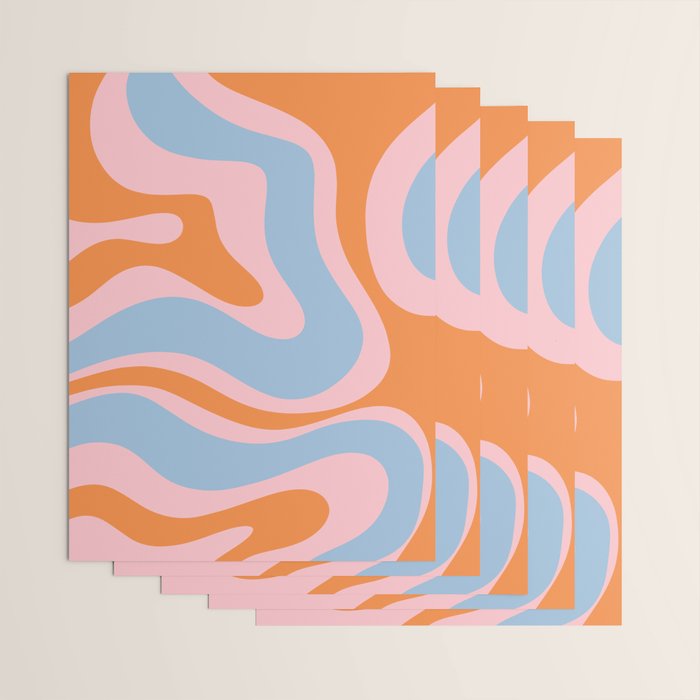 Modern Retro Liquid Swirl Abstract Pattern in Pastel Pink, Light Blue, and Orange Wrapping Paper Gallery Image 3