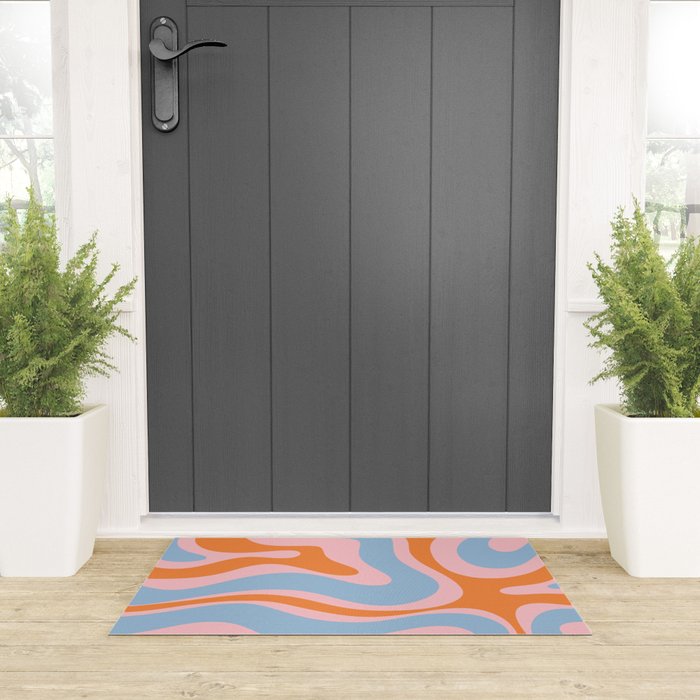 Modern Retro Liquid Swirl Abstract Pattern in Pastel Pink, Light Blue, and Orange Welcome Mat Gallery Image 3