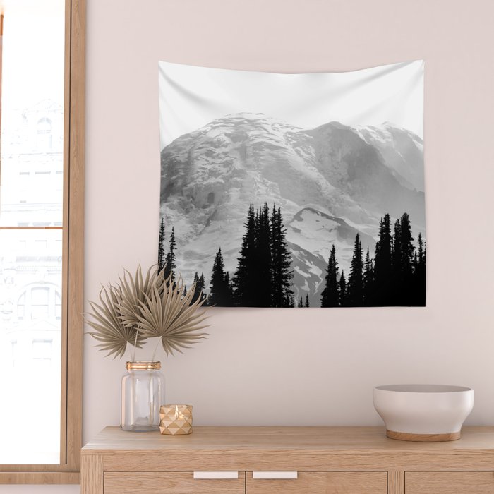 Mount Rainier Black and White Wall Tapestry Gallery Image 2