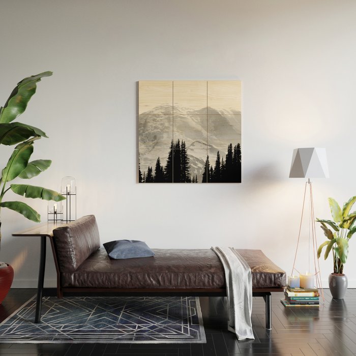 Mount Rainier Black and White Wood Wall Art Gallery Image 2