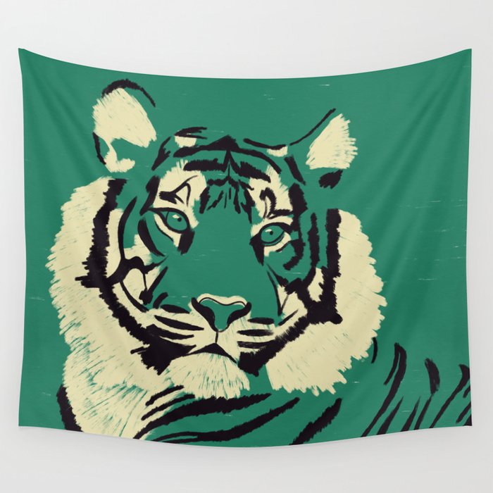 Majestic Tiger - Bold Wildcat Design with Teal Background Wall Tapestry Gallery Image 4