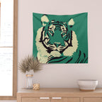Majestic Tiger - Bold Wildcat Design with Teal Background Wall Tapestry Gallery Image 2