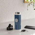 Mid Century Modern Geometric 106 in Navy Blue and Grey (Rainbow and Sun Abstraction) Water Bottle Gallery Image 4