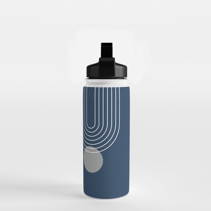 Mid Century Modern Geometric 106 in Navy Blue and Grey (Rainbow and Sun Abstraction) Water Bottle Gallery Image 2