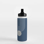 Mid Century Modern Geometric 106 in Navy Blue and Grey (Rainbow and Sun Abstraction) Water Bottle Gallery Image 2