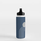 Mid Century Modern Geometric 106 in Navy Blue and Grey (Rainbow and Sun Abstraction) Water Bottle Gallery Image 3