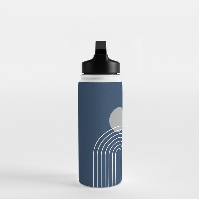 Mid Century Modern Geometric 106 in Navy Blue and Grey (Rainbow and Sun Abstraction) Water Bottle Gallery Image 3