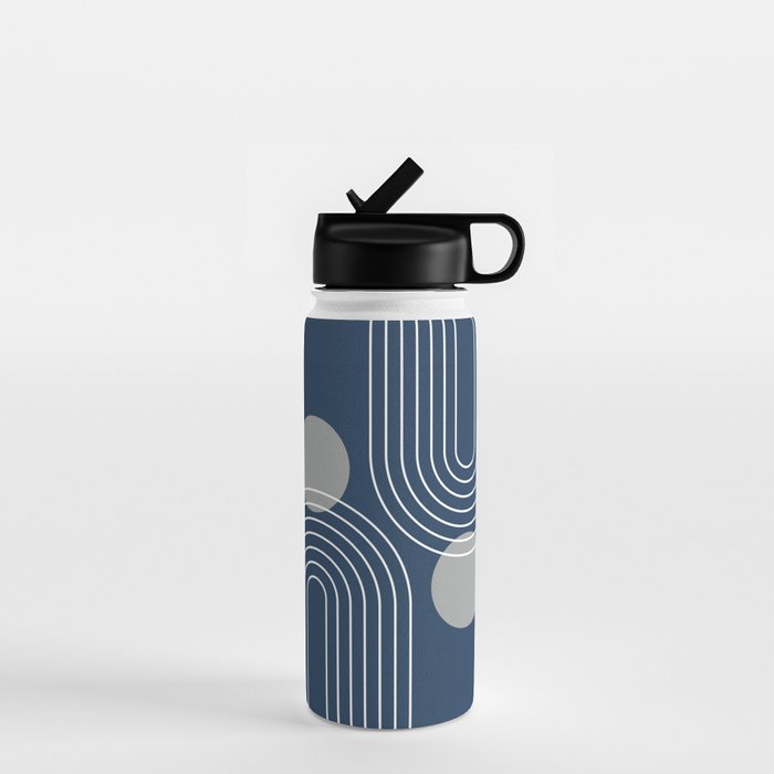 Mid Century Modern Geometric 106 in Navy Blue and Grey (Rainbow and Sun Abstraction) Water Bottle Gallery Image 1