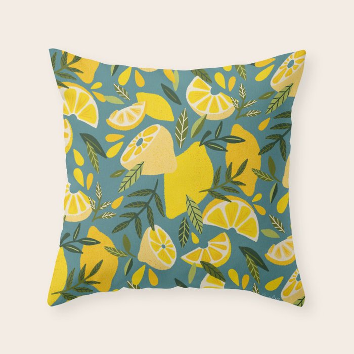Lemon Blooms â Blue Throw Pillow Gallery Image 1