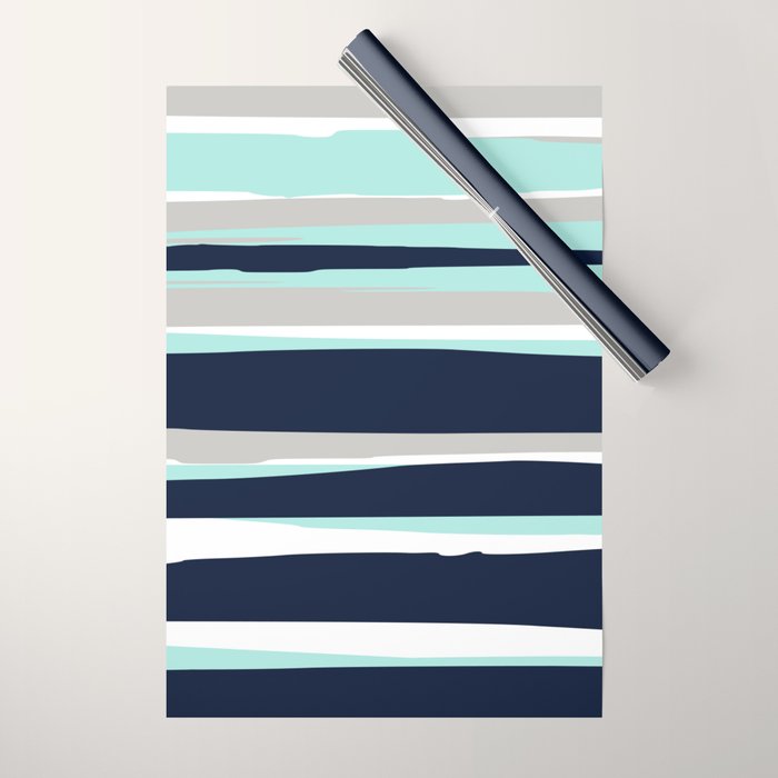 Ocean, Stripe Abstract Pattern, Navy, Aqua, Gray Wrapping Paper Gallery Image 1