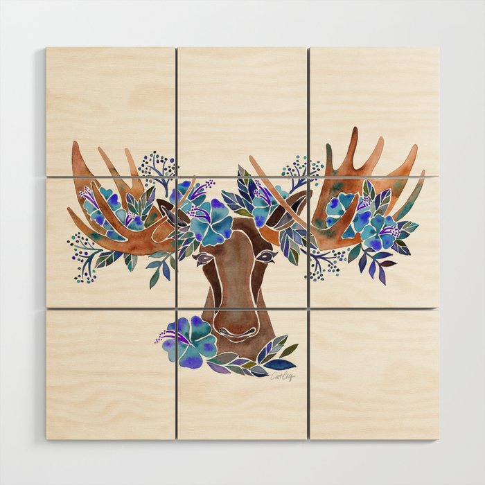 Floral Moose - Blue Flowers Wood Wall Art Gallery Image 1