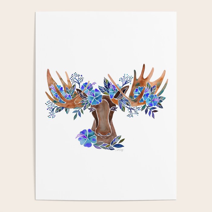 Floral Moose - Blue Flowers Poster Gallery Image 1
