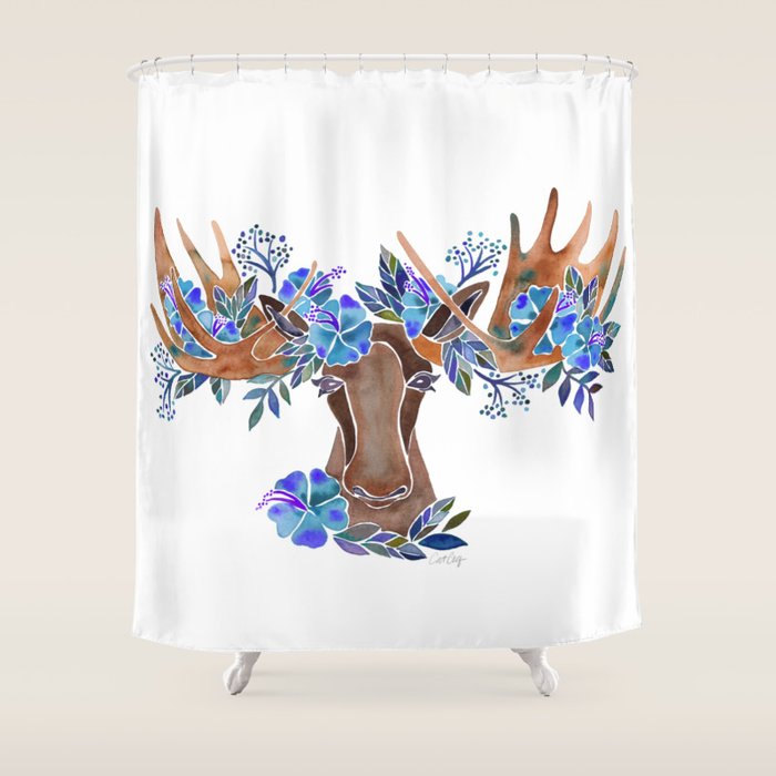 Floral Moose - Blue Flowers Shower Curtain Gallery Image 1
